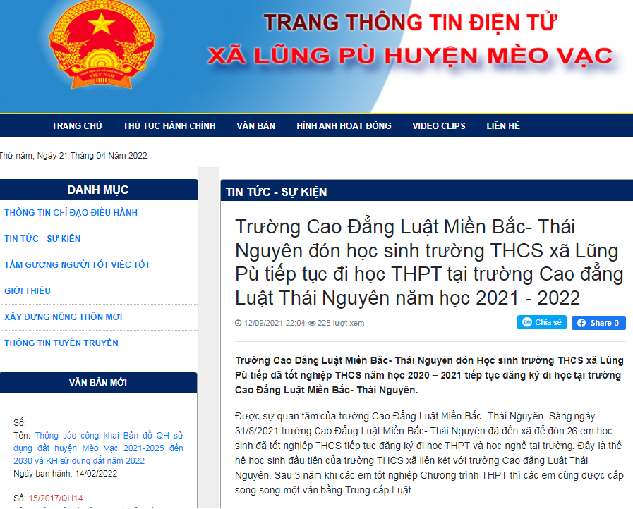 Trường Cao Đẳng Luật Miền Bắc- Thái Nguyên đón học sinh trường THCS xã Lũng Pù tiếp tục đi học THPT tại trường Cao đẳng Luật Thái Nguyên năm học 2021 - 2022